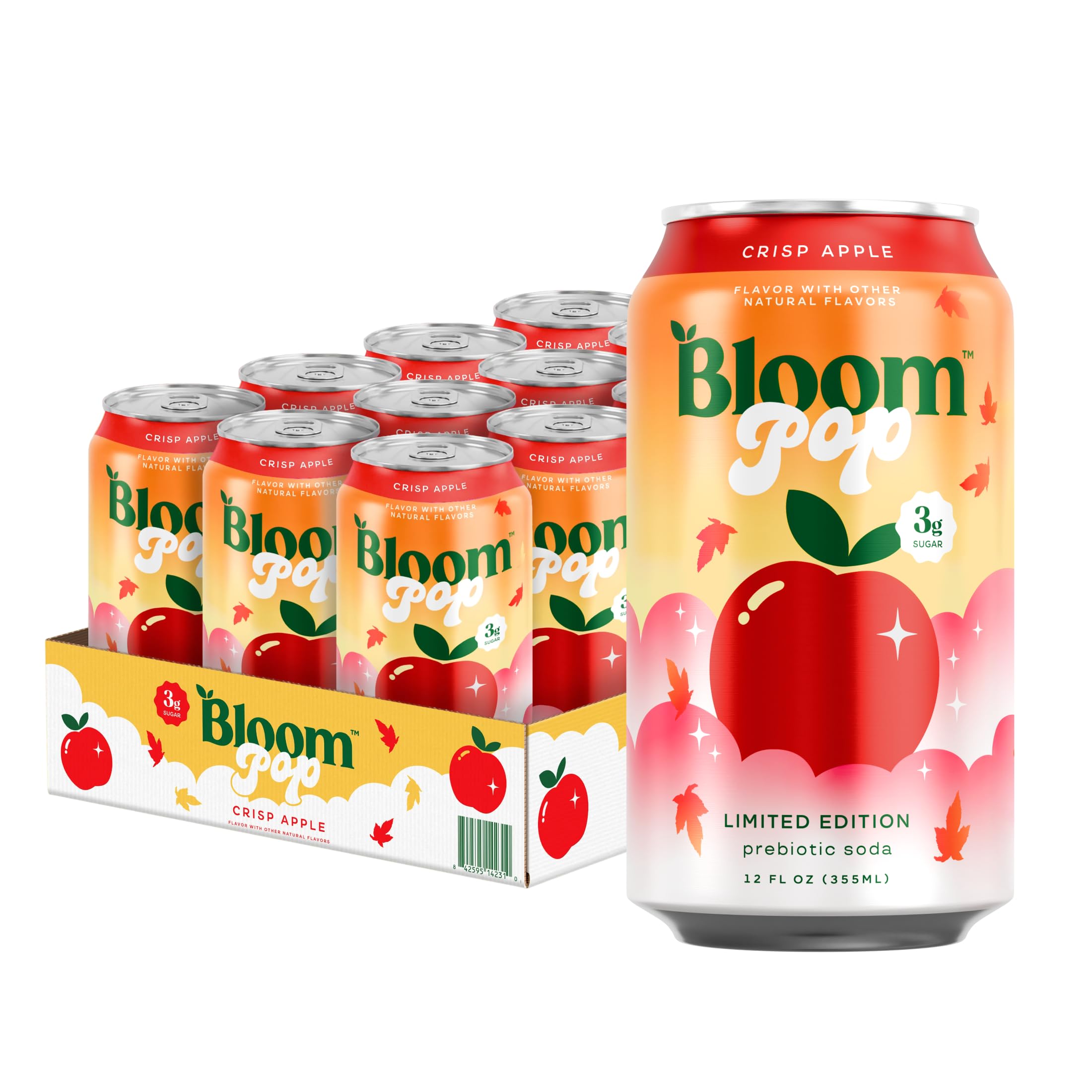 Bloom Pop Prebiotic Soda, Gut Health Support, Apple, 12 Pack