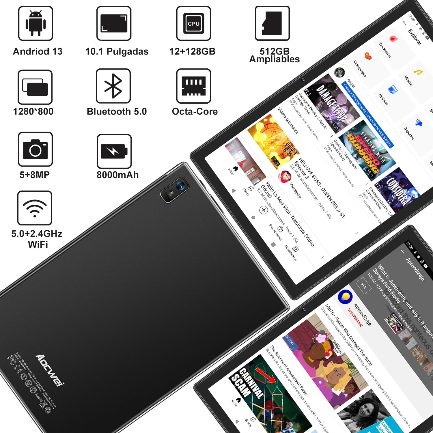 fezawio Tablet Android da 10 pollici, 12 GB RAM + 128 GB ROM, processore Octa-Core con custodia protettiva