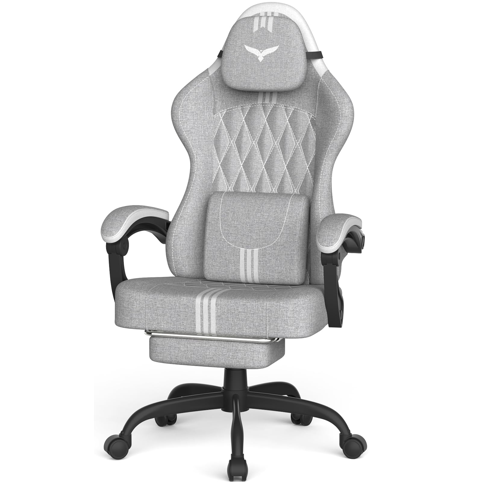 Ferghana Ergonomic Gaming Chair – Headrest, Footrest, Lumbar Cushion, Adjustable Height, Rotary, Breathable Linen Fabric, Suitable as Office Chair, Desk or PC (Grey-White)