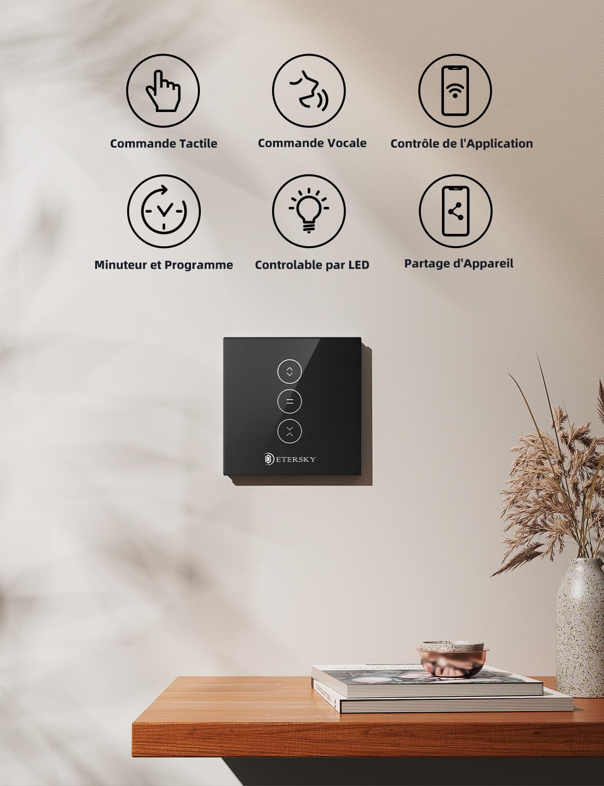 Interrupteur Volet Roulant Connecté，Etersky Interrupteur Volet Roulant WiFi,Compatible avec Alexa/Google Home, Interupteur Connecté Tactile Rétro éclairage Peut Éteindre LED Timer APP Contrôle，Noir 1P