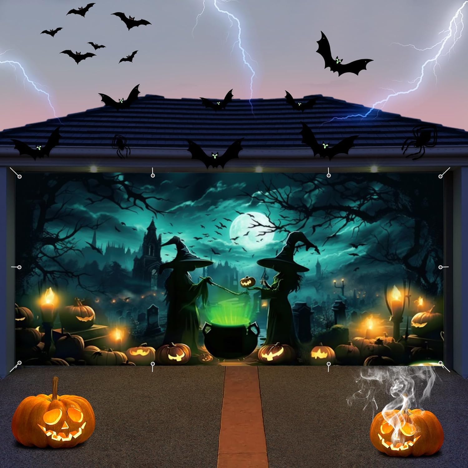 Halloween Garage Door Cover Decorations Banner 7x16ft Scary Halloween Backdrop,Large 2 Car Garage Door Cover,Horror Forest Witch Castle Wall Decor for Outdoor Holiday Decorations