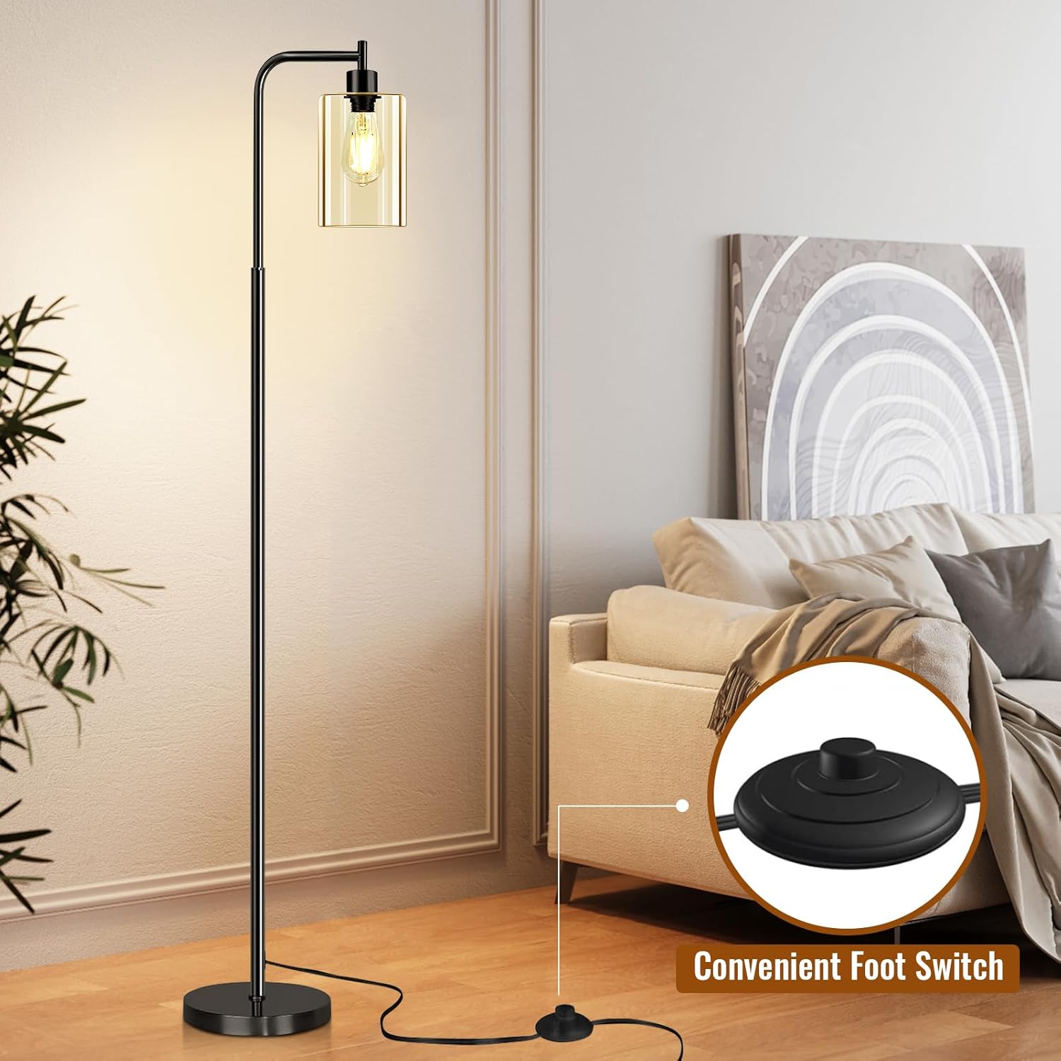 Floor Lamp,Floor Lamps for Living Room with Glass Lampshade,Modern Design Lamps Living Room,Standing Lamp with Premium Metal Material,Dimmable Living Room Lamps,Arced Floor Lamps,Tall Lamp(One Bulb)