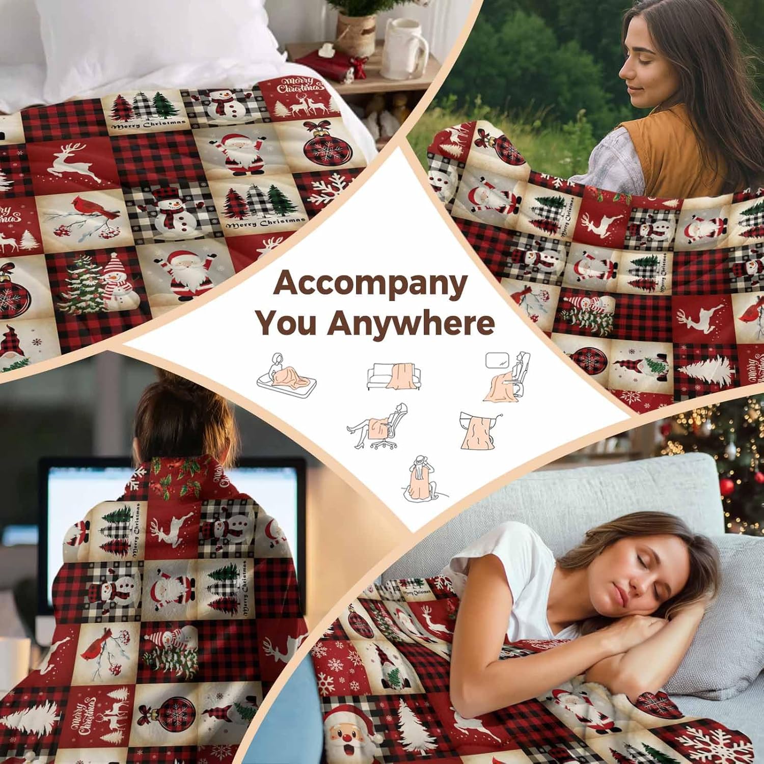 Christmas Checkered Flannel Fleece Throw Blanket, Xmas Tree Santa Microfiber Soft Fleece Blankets for All Season, Snowmen Snowflakes Fuzzy Plush Blanket Throws for Camping, Travel, Gifts, 50"x60"