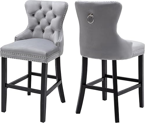 Juego de 2 taburetes de bar, de terciopelo, 26 taburetes de altura de mostrador con respaldo copetudo, sillas de bar con ribete de remache para isla