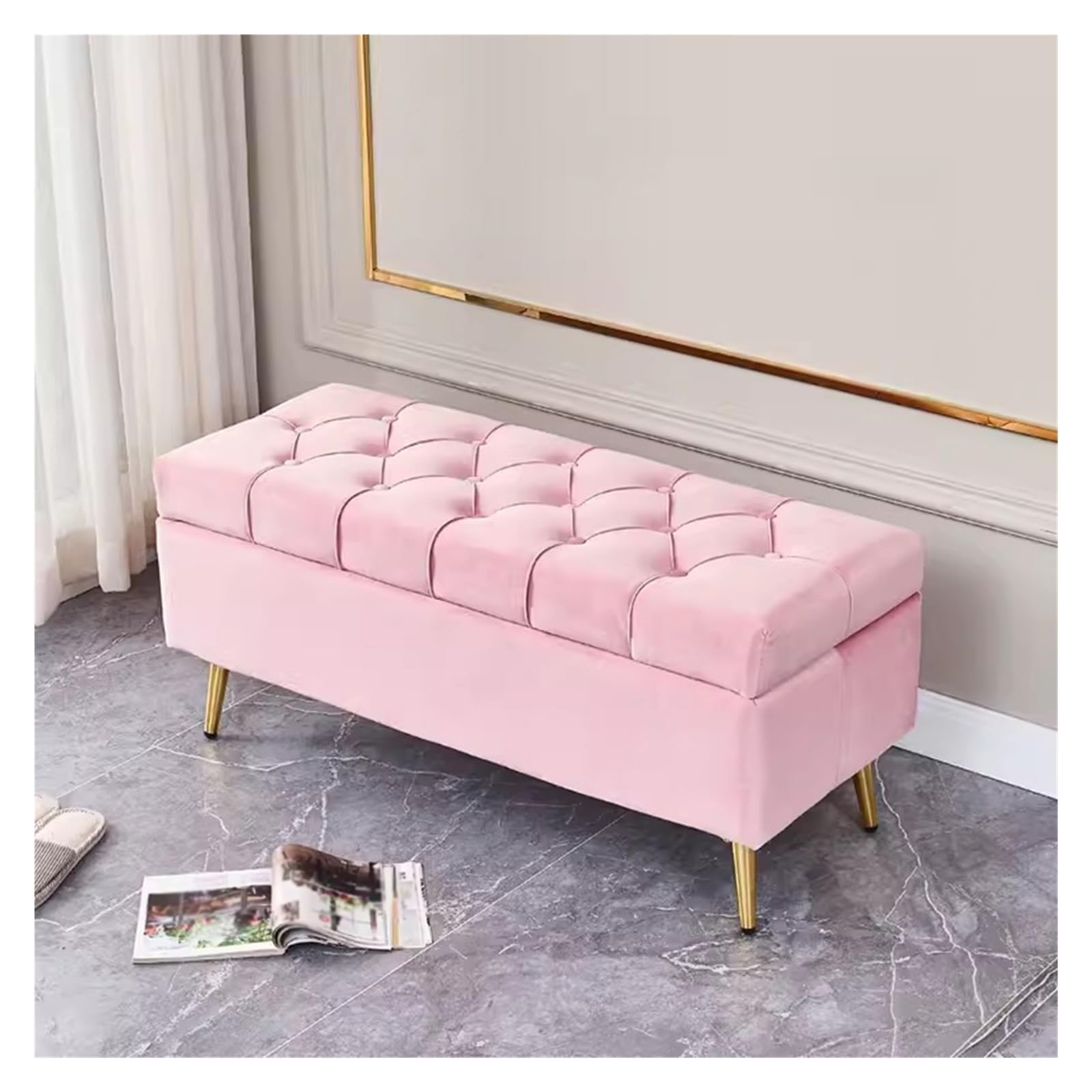 Ottoman en velours rose de 100 cm idéal pour une entrée de chambre