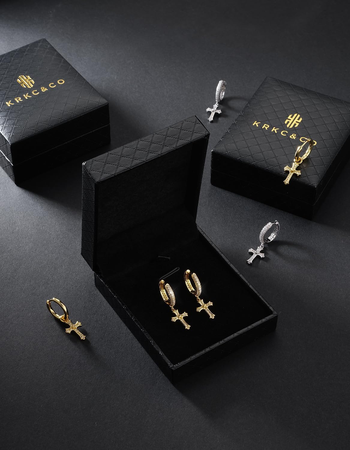 KRKC&CO Dangle Earrings for Men, Double Cross Earrings, Sterling Silver/Gold Plated Hoop, Cubic Zirconia, Moissanite, Hypoallergenic Jewelry, Birthday Father's Day Gift for Him - Image 6