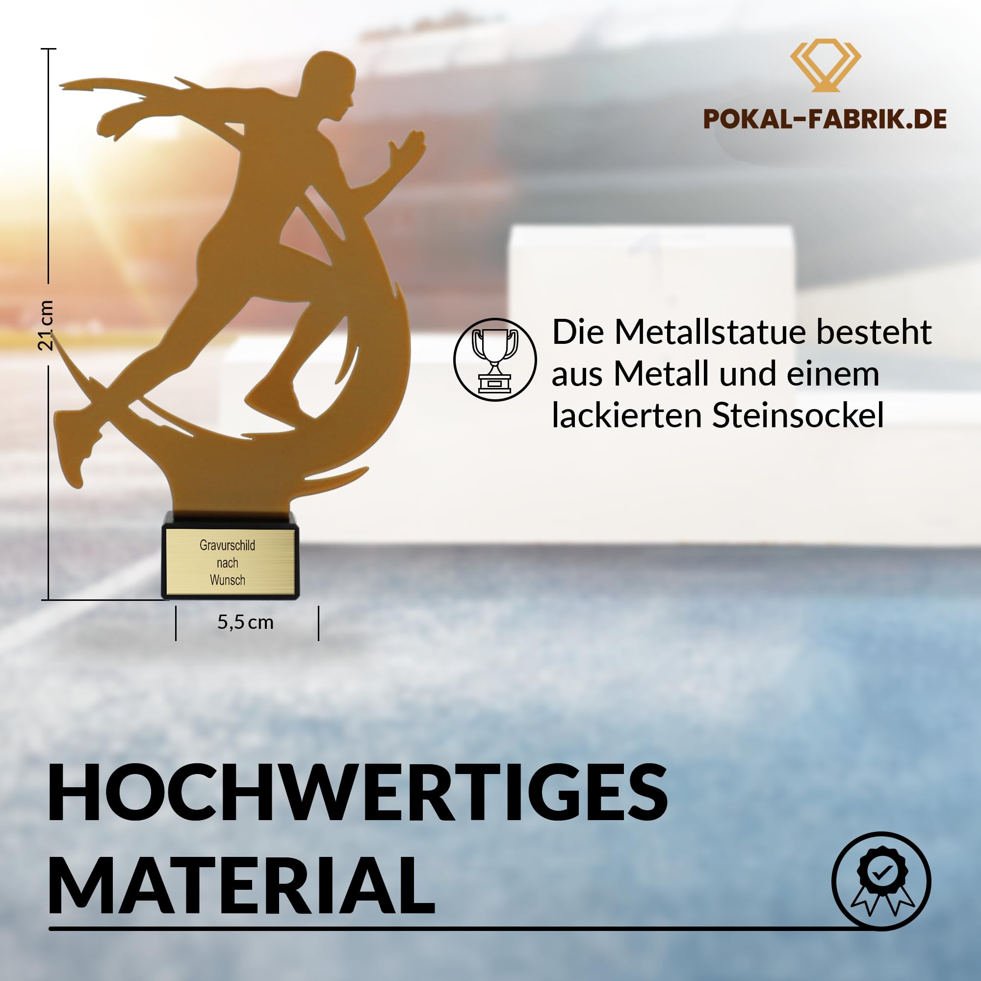 Goldene/r Läufer/in Pokal 21 cm aus Metall mit Gravur - Marathon Geschenk-Trophäe mit Metallsilhouette & Steinsockel - Personalisiertes Geschenk - Wanderpokal Laufen | Joggen