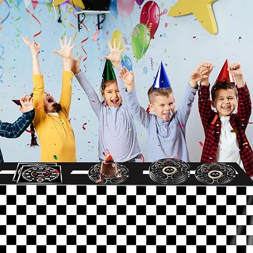 Vista 6 de 41 piezas de decoraciones para fiesta de cumpleaños de autos de carreras, juego de vajilla para fiesta Start Your Engines con mantel a cuadros