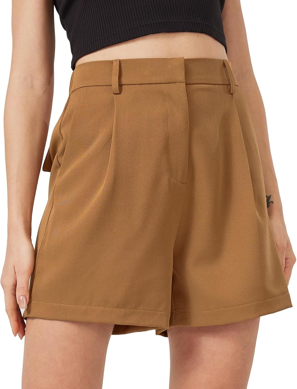 XinYangNi Casual Elastic High Waisted Tailored Work Business Pleated Wide Leg Dressy Shorts with 2 Pockets for Women - Image 4