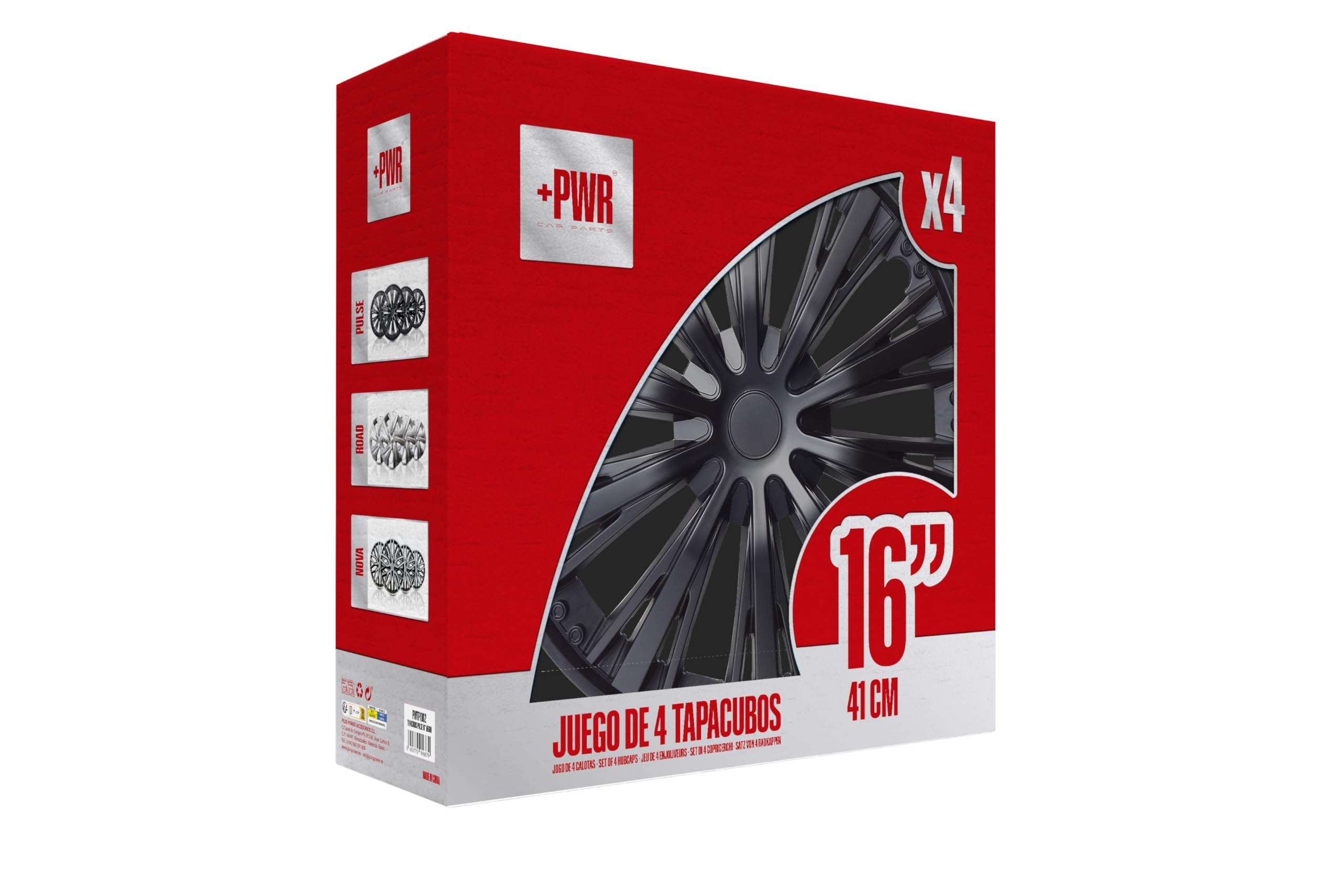 Copricerchi 16" Pulse Nero, Set di 4 Unità, Universali, ABS ad Alto Impatto, Fissaggio a Pressione, Design Moderno e Ventilazione Ottimizzata