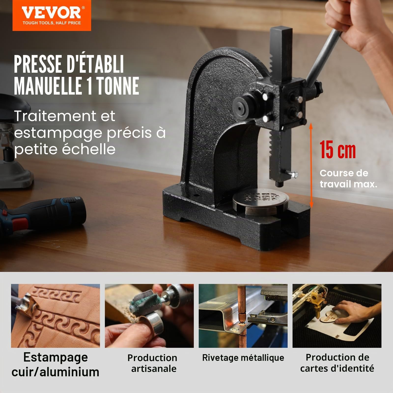 VEVOR Presse à Crémaillère, Presse à Arbre Manuelle de 1 Tonne, Hauteur Maximale de 150 mm, Presse Manuelle de Précision Robuste en Fonte, pour l'Estampage, Le Pliage, l'Étirement et Le Formage
