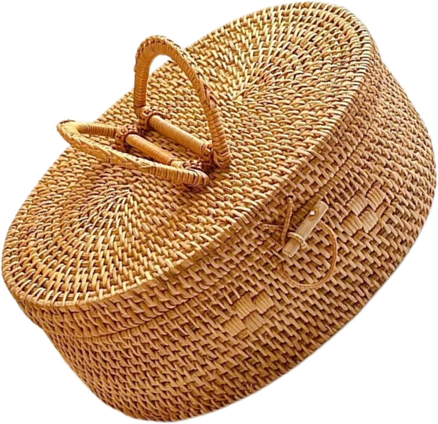 藤編収納ボックス 蓋付き楕ラタンバスケット 手提げ付き ピクニックや 藤編収納ボックス 蓋付き楕ラタンバスケット 手提げ付き ピクニックや