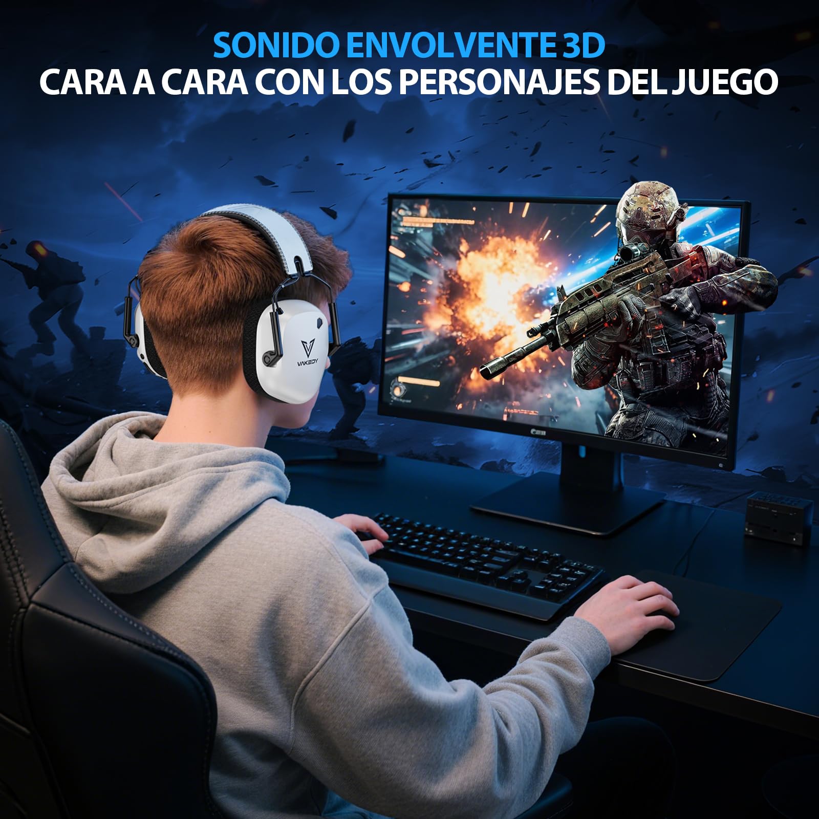 Vakedy Cascos Gaming Inalambricos, 2,4 GHz USB y Auriculares Bluetooth con Micrófono, Ultraligeros, Driver 50 mm, Baja Latencia, Batería 50H, Cascos Gamer para PS5/PS4/PC/Mac/Switch