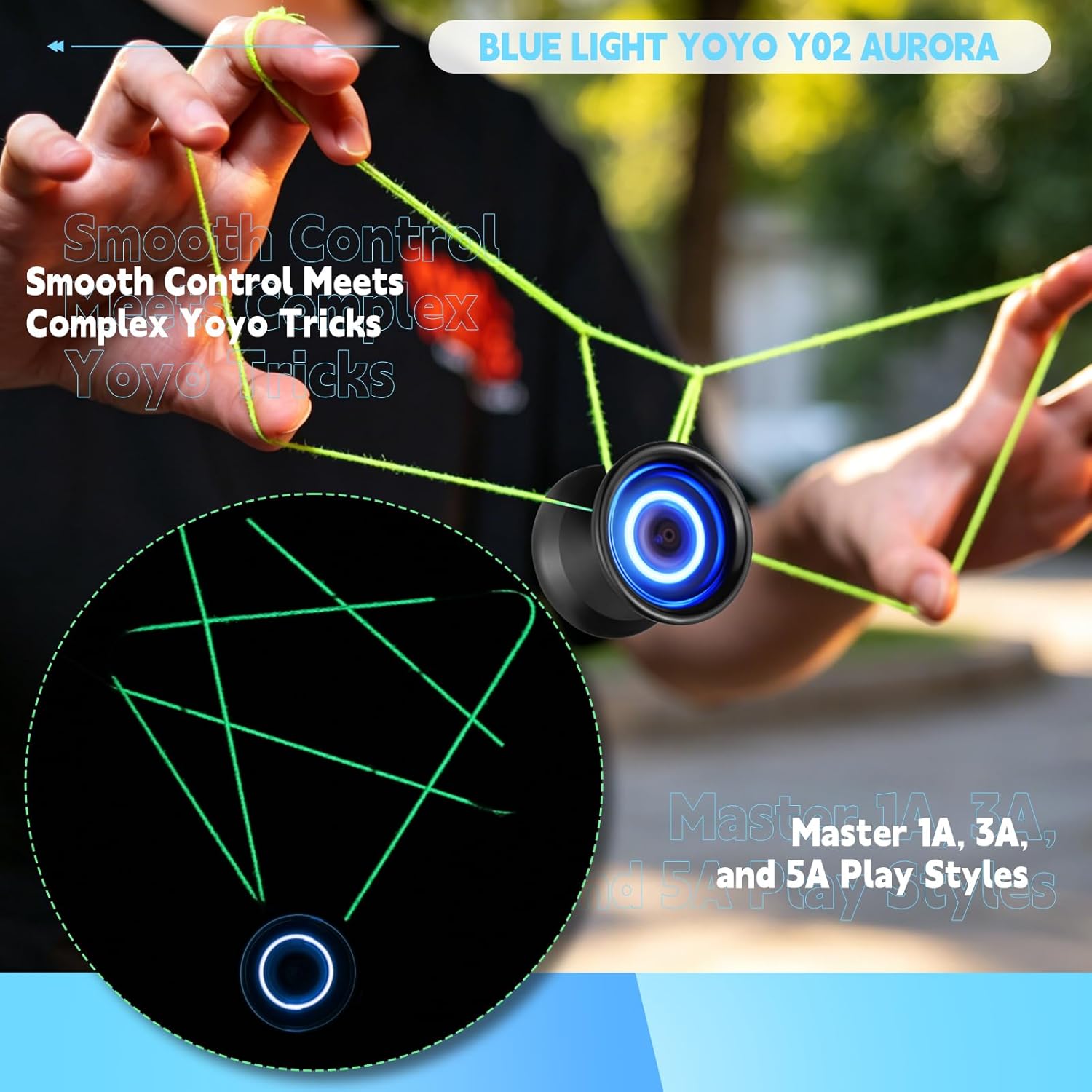 MAGICYOYO Light Up Yoyo - Y02 Aurora Professional Unresponsive Yo Yo with Glove, Yo Yo Storage Bag, Extra Battery,12 Yoyo Strings-LED Light Effect (Blue Light)