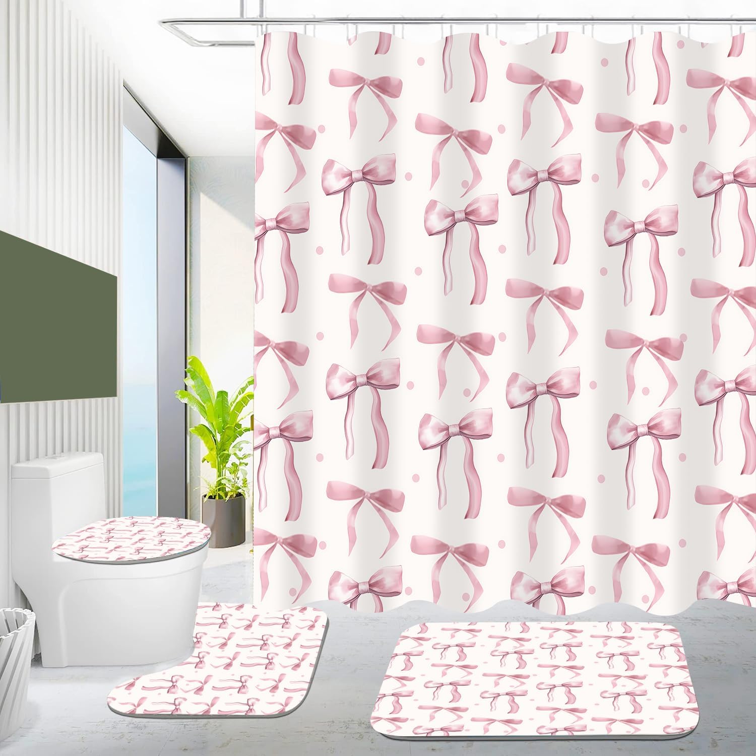 AZHM 4Pcs Pink Shower Curtain Set Cute Bathroom Sets with Shower Curtain and Rugs and Accessories Aesthetic Bathroom Decor Set with 12 Hooks