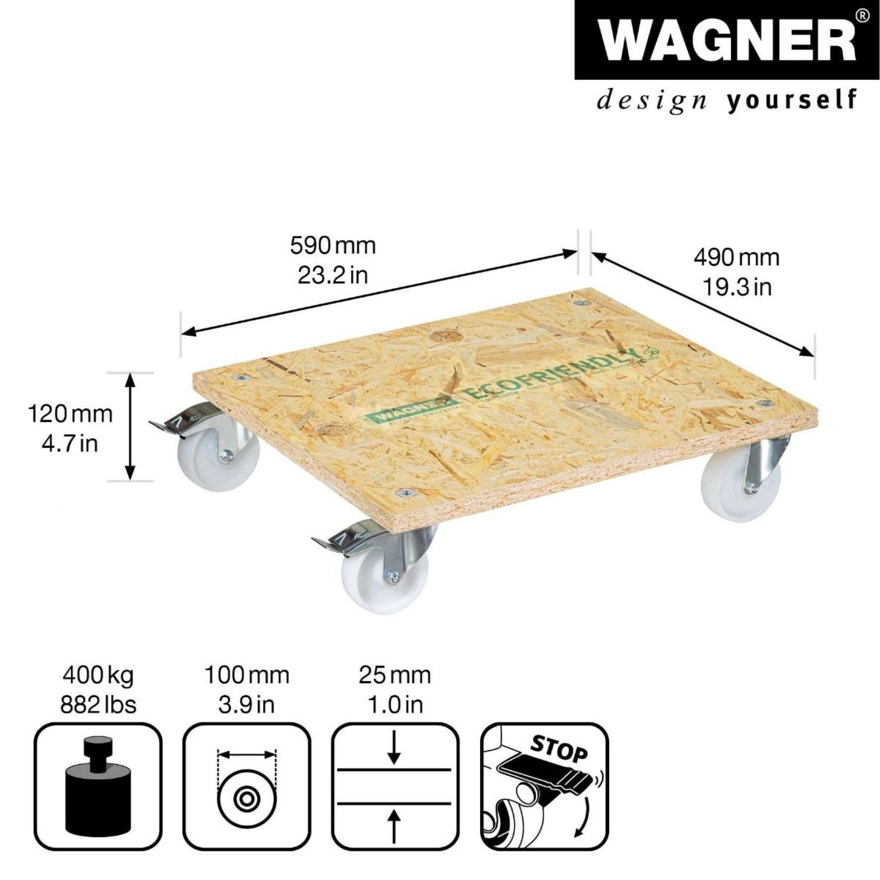 WAGNER Transportroller Transporthilfe 1617 I Möbelroller aus OSB 25 mm I 59 x 49 x 12 cm, Tragkraft 400 kg I Schwerlastrollbrett Umzug, Gewerbe I Rollbrett mit Bremsen&Aufhängeloch I FSC® I Made in DE