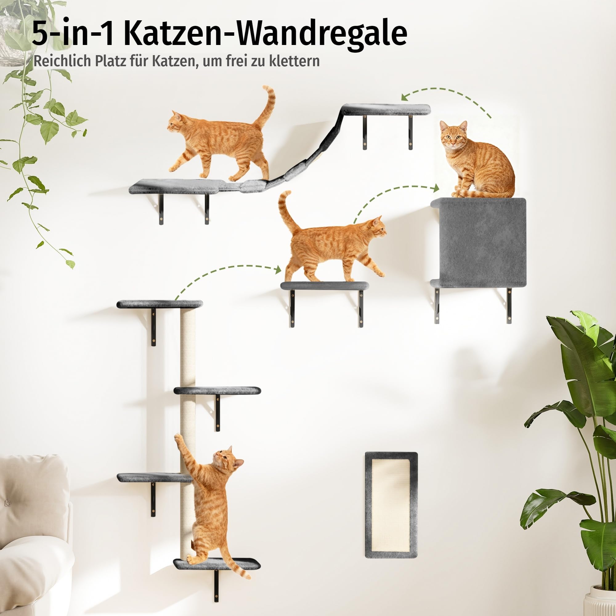 5 pezzi di mobili a muro multipiano per interni con tiragraffi, appartamento per gatti, posatoi, ponte per gatti, grigio