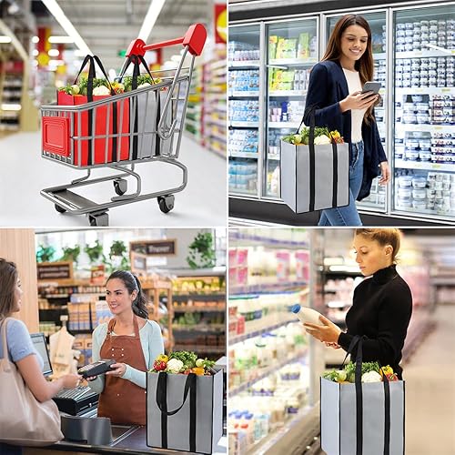 Miniatura 4 de Bodaon Bolsas de comestibles reutilizables de cocina plegables con fondo plástico, carrito de compras reutilizable plegable grande, Gris