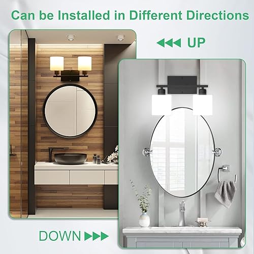 Miniatura 6 de Lámparas de baño sobre espejo, luces de tocador negras mate antioxidantes, 15 apliques de pared modernos de mediados de siglo, 2 luces, pantallas de