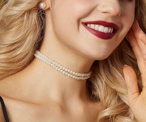 Miniatura 3 de Gionforsy Gargantilla de perlas blancas, collar de perlas de múltiples hebras, collar de perlas cortas para boda, fiesta de té, talla única , perla