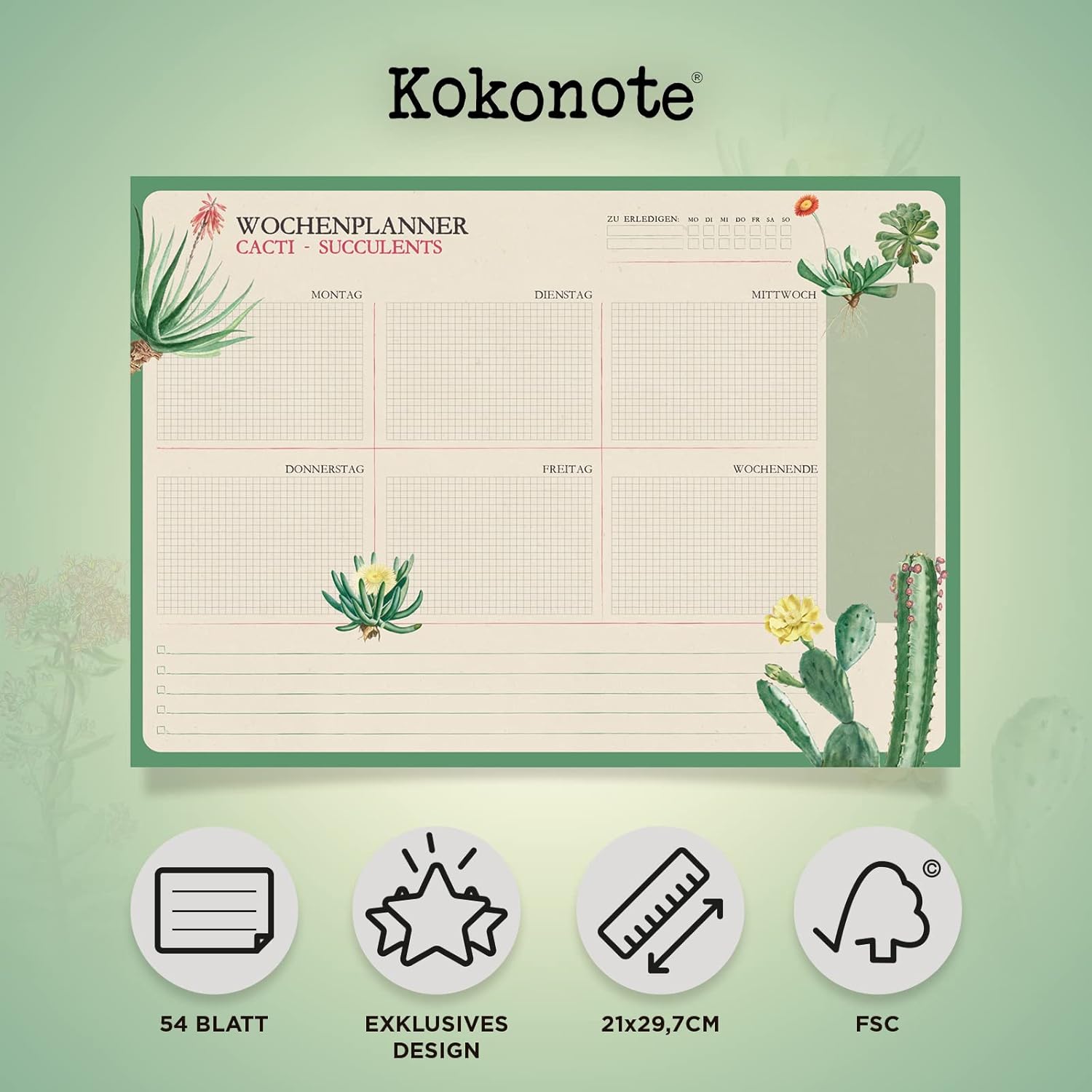 Grupo Erik Weekly Planner A4 In German - Botanical Cacti | Daily Planner Family, Desk Calendar, 54 Tear Off Pages Notepad | Undated Planner Cute, Cute Stationery Gifts