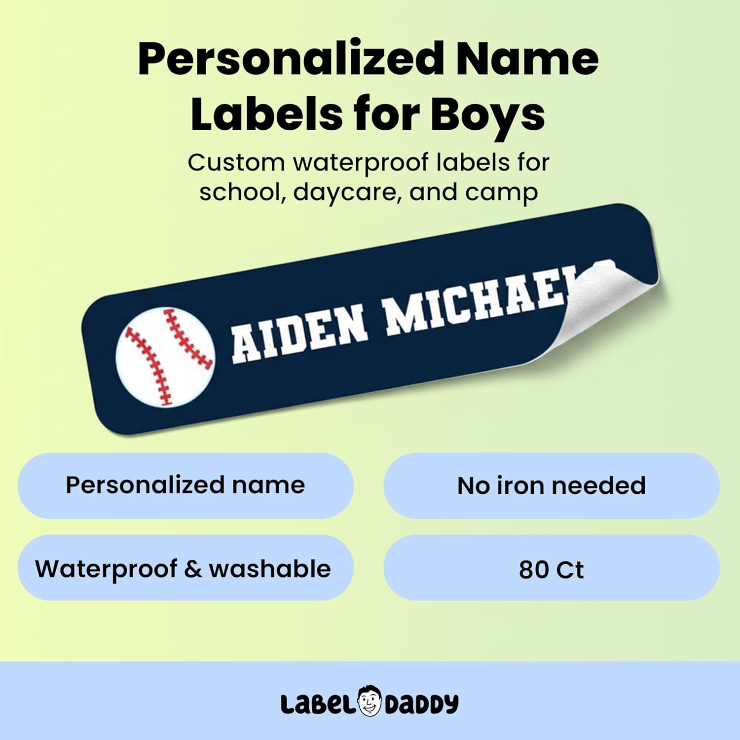 Label Daddy – Custom Small Sports Name Labels for Kids – Waterproof Personalized Labels for Shoes, Bottles, Lunch Boxes & School Supplies – Durable Peel-and-Stick Name Tags – Baseball Design - 80 Ct