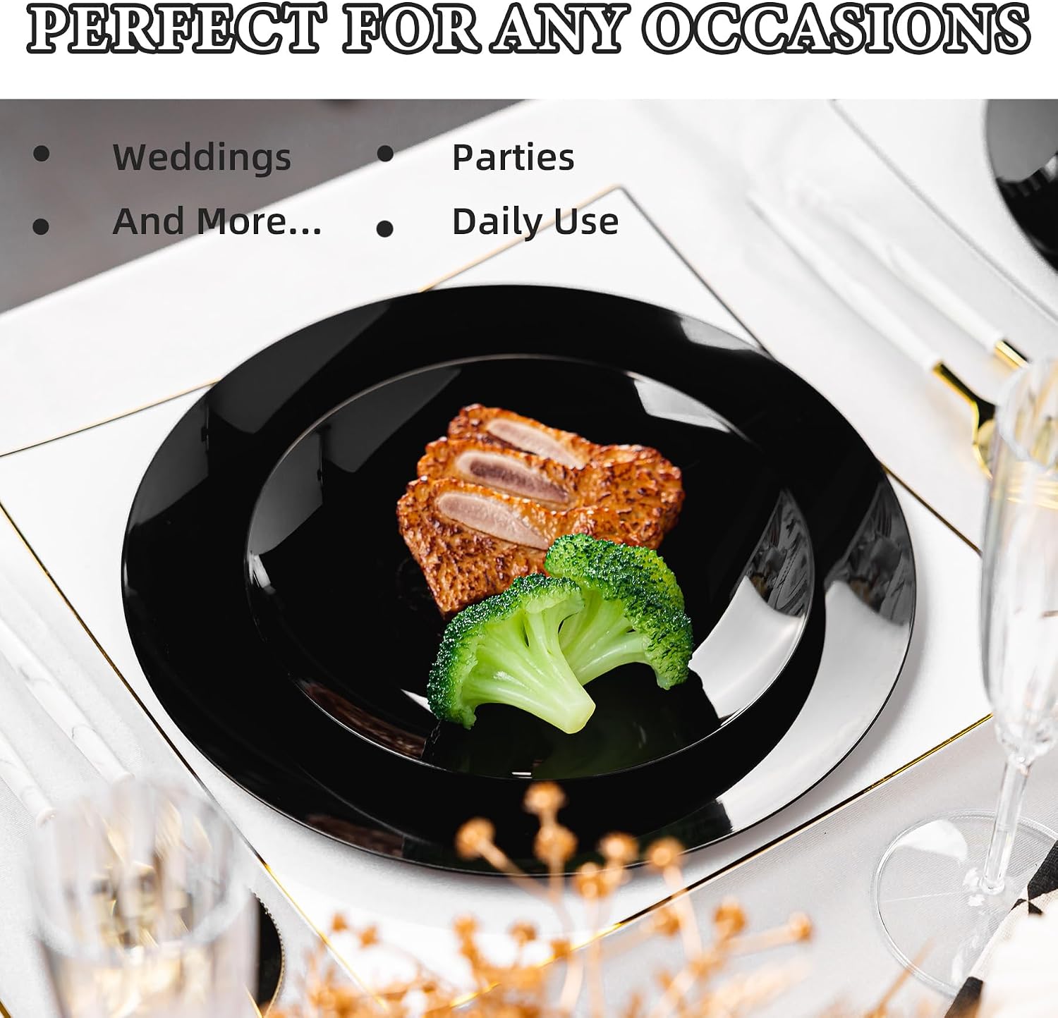 Lullaby 100PCS Black and Gold Plastic Plates, Disposable Black Plastic Plate with Gold Rim, 50PCS Dessert Plates 7" and 50PCS Dinner Plates 10", Perfect for Party Wedding and Daily Use