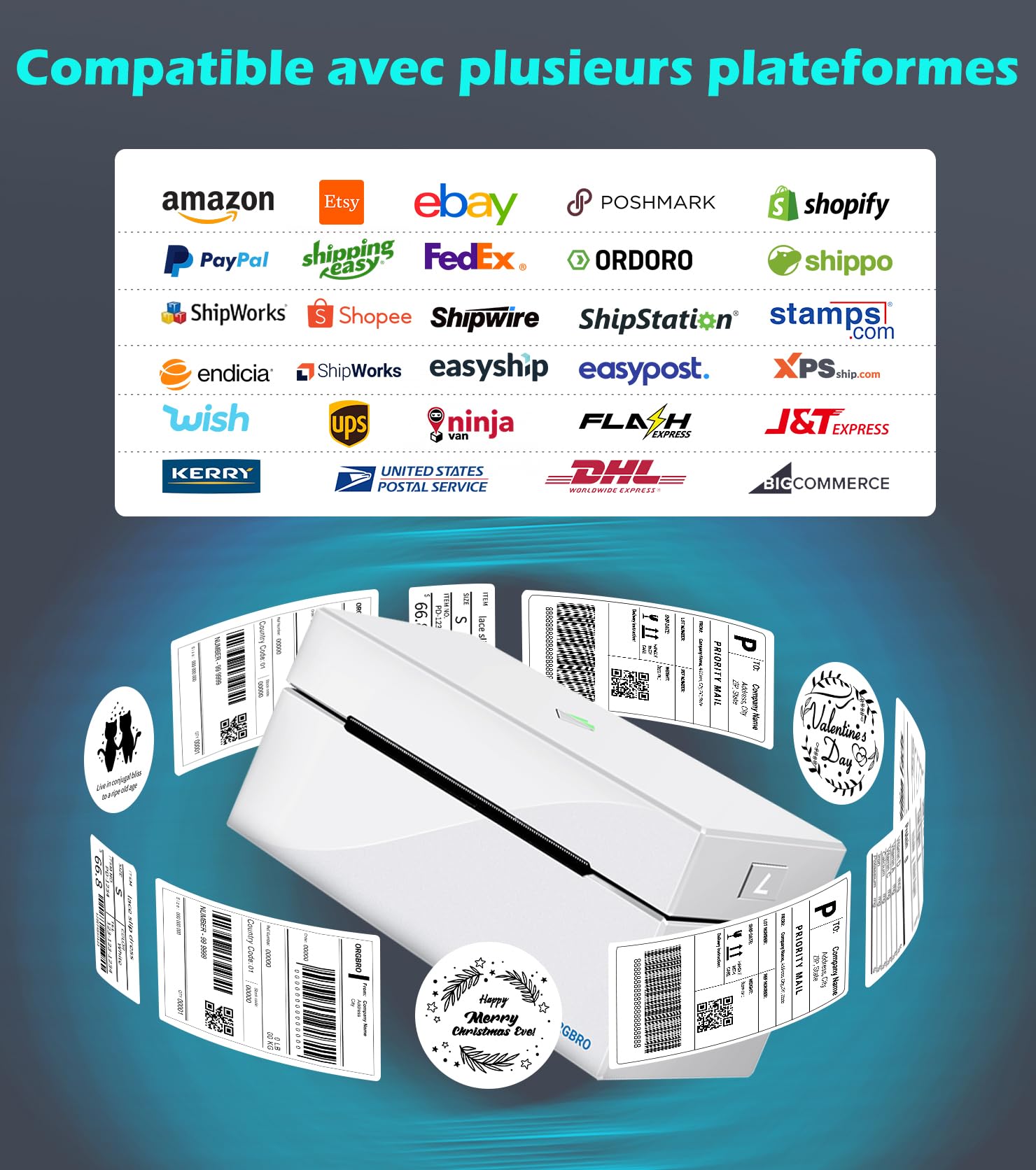 ORGBRO Z1 Plus Imprimante Thermique Bluetooth 4x6 Étiquettes Expédition Compatible Amazon eBay Shopify Blanc