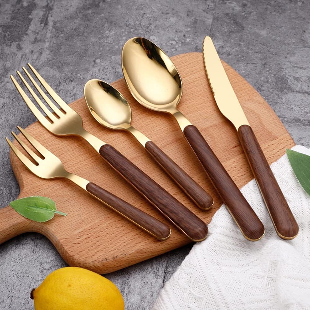 Ce Service de Couverts en Bois, composé de 70 pièces en Acier Inoxydable Durable avec Manche en Bois, Comprend des Couteaux, fourchettes et cuillères délicats. C'est Un Ensemble de Couverts