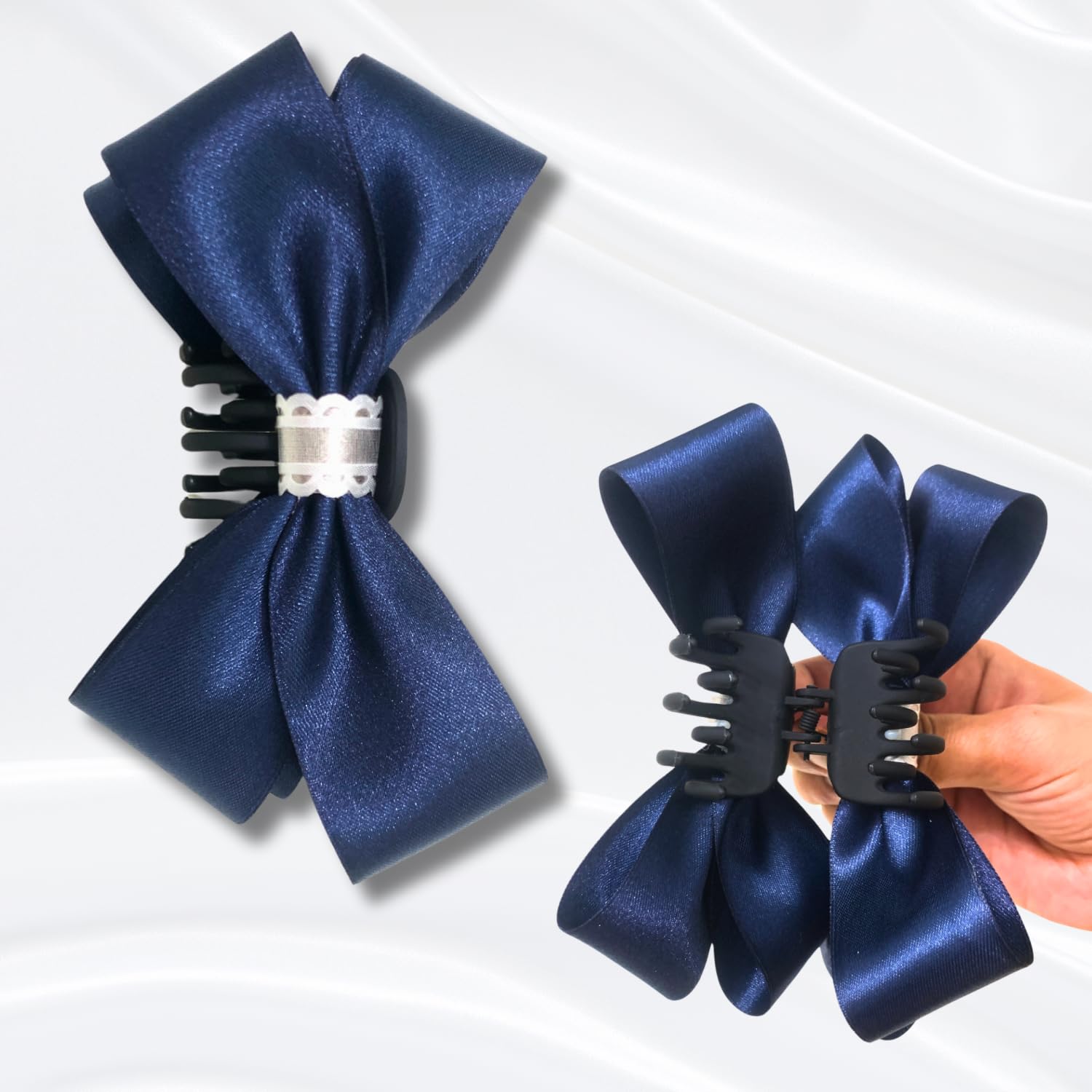 Navy Blue Satin Bow Claw Clip for Girls and Women, Elegant Hair Accessory-image-10
