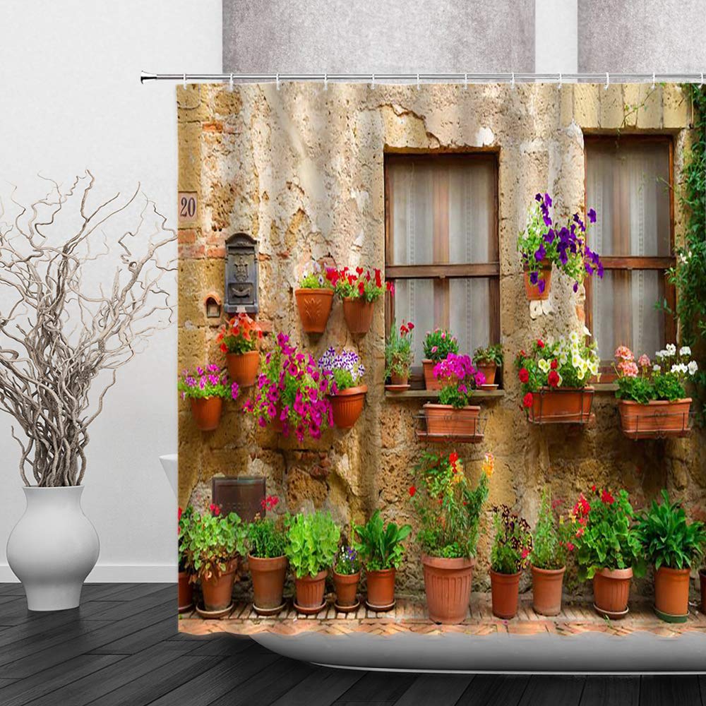 FILMILIL Farm Style Shower Curtain Garden Potted Italian Green Plants Vintage Windows 3D Printing Mediterranean Greece Scene Bathroom Decoration Polyester Fabric with Hooks (90 X 70 Inch) - Image 2