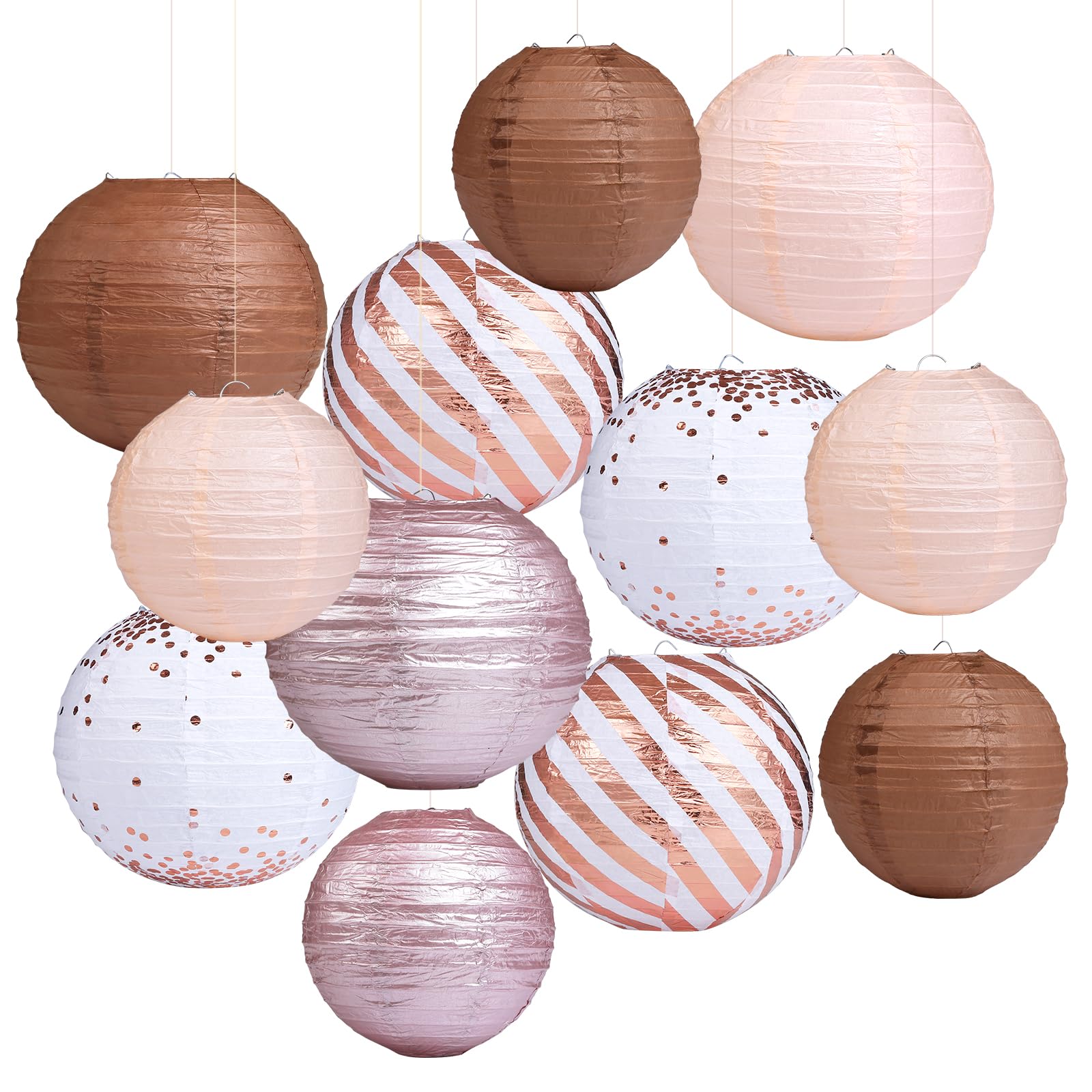 LIHAO12PCS Paper Lanterns Party Decorations, Rose Gold Pink Hanging Paper Lanterns for Birthday Party Bridal Shower Wedding Baby Shower Engagement Valentines Day Party Supplies