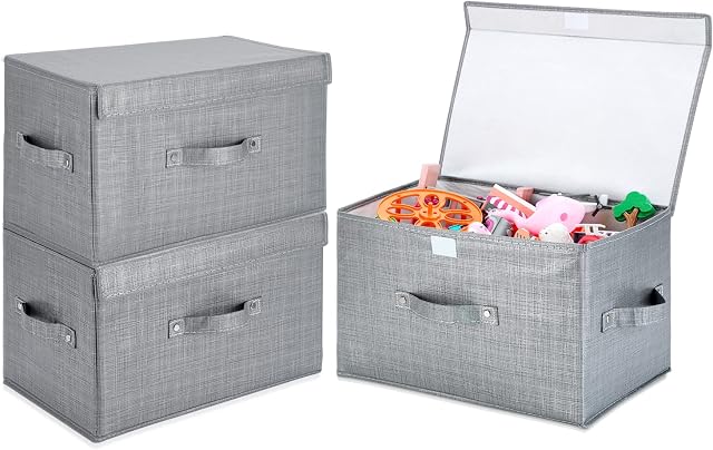 Lifeforce Large Capacity Fabric Storage Boxes with Lid, 15.3 x 9.4 x 9.4 Foldable with Sturdy Handles, Storage Bins Organiser Boxes for Toys, Clothes, Books, Wardrobe, Closet, Office(3 Pack, Grey)