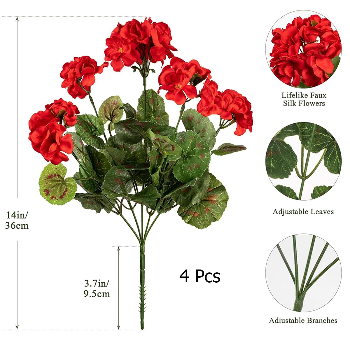 Laelfe 4 Pcs Gerani Rossi Finti da Esterno, Fiori Finti Artificiali Geranio per Esterno Balcone Patio Cimitero Sospensione di Fioriere Decorazione per Tavolo (Rosso-4 Pcs)