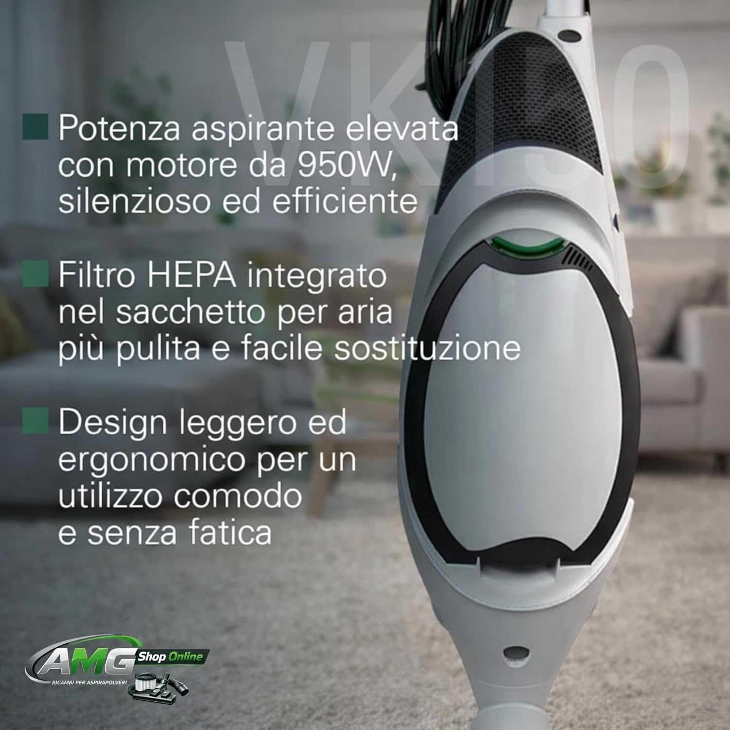 Aspirapolvere FOLLETTO VK150 + 6 SACCHETTI + PROFUMINI + TUBI, Con Motore 60.000 giri/min, Emissione Polveri 0,0001 mg/m³, Sacco 2,5 L, PESO: 3 Kg
