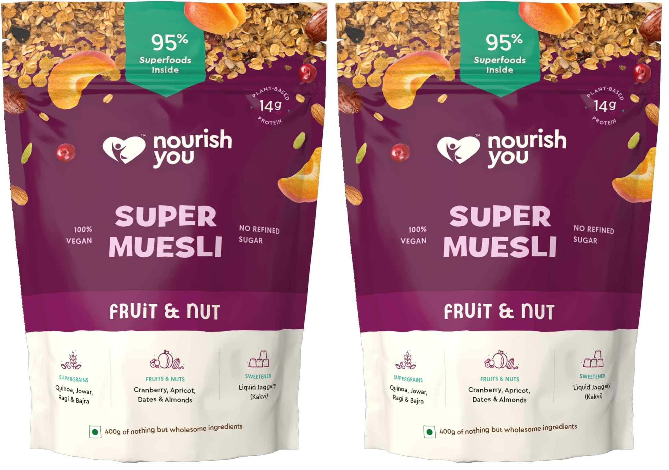 Nourish You Super Muesli Fruit & Nut 400g Pack | Whole Grain Muesli with Rolled Oats, Quinoa, Bajra, Jowar, Ragi, Brown Rice | Kakvi Natural Sweetener | High Fiber & Protein Cereal | Gluten Free Healthy Breakfast |-picture-15