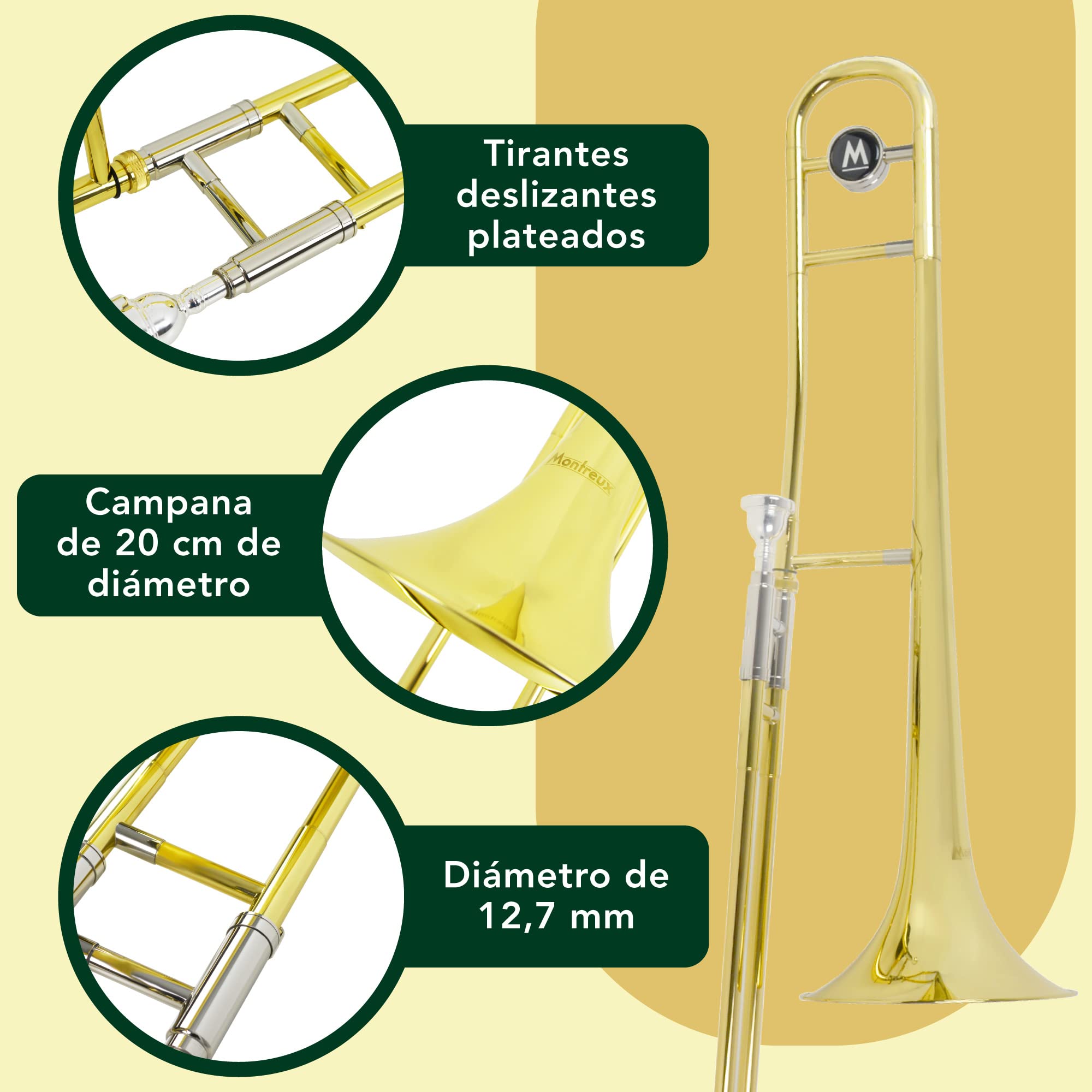 Montreux Student Bb Trombone Para Principiantes Con Estuche De Transporte Protector Ligero, Portavoz De 12C - Latón Lacas, Campana De 8 Pulgadas / 20 Cm, B Plana
