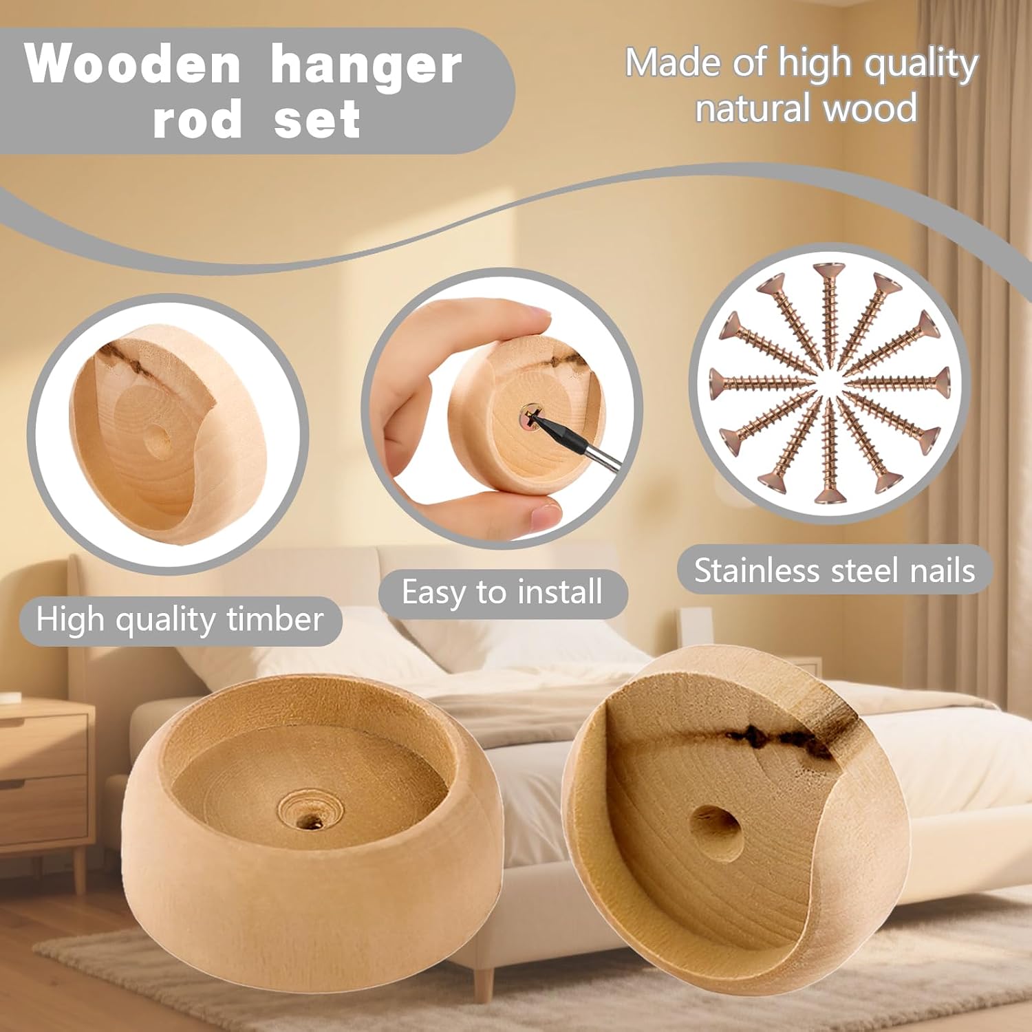 4 Pack Heavy Duty Wooden Closet Rod Holders, 1.38" Closet Pole Sockets - Solid Wood Wardrobe Rod Brackets for Clothing Storage, Hallway, Bathroom, Curtain & Clothing Store Installation