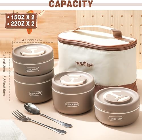 Miniatura 6 de Dandat 4 cajas Bento aisladas, contenedor portátil de acero inoxidable para alimentos, redondo, apto para microondas, apilable, a prueba de fugas,