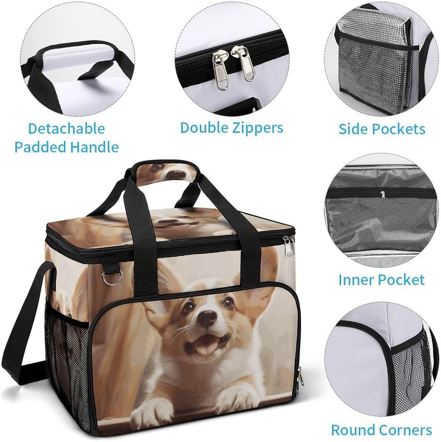 Insulated Picnic Backpack Tote Bag, Large Capacity 30L Cute Corgi Cooler Bag Leakproof Beach Bags Portable Lunch Box Waterproof Picnic Basket for Beach Camping BBQ