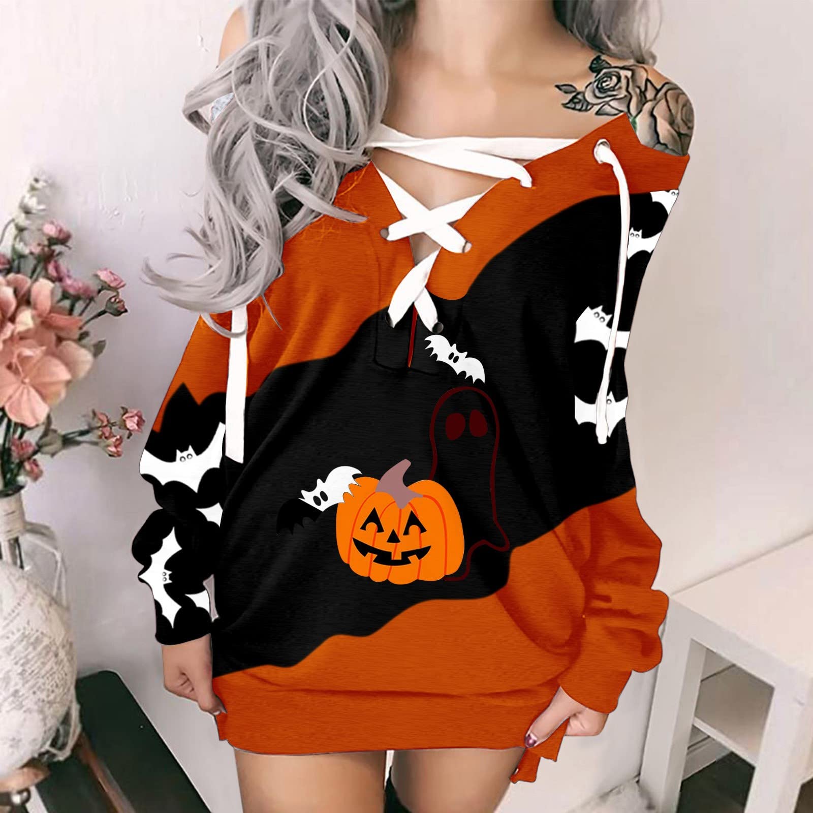 Robe pour Femmes Halloween Impression Sweat Robe épaules dénudées à Bretelles Manches Longues Ample et décontractée Couleur Assortie - Robe Grande