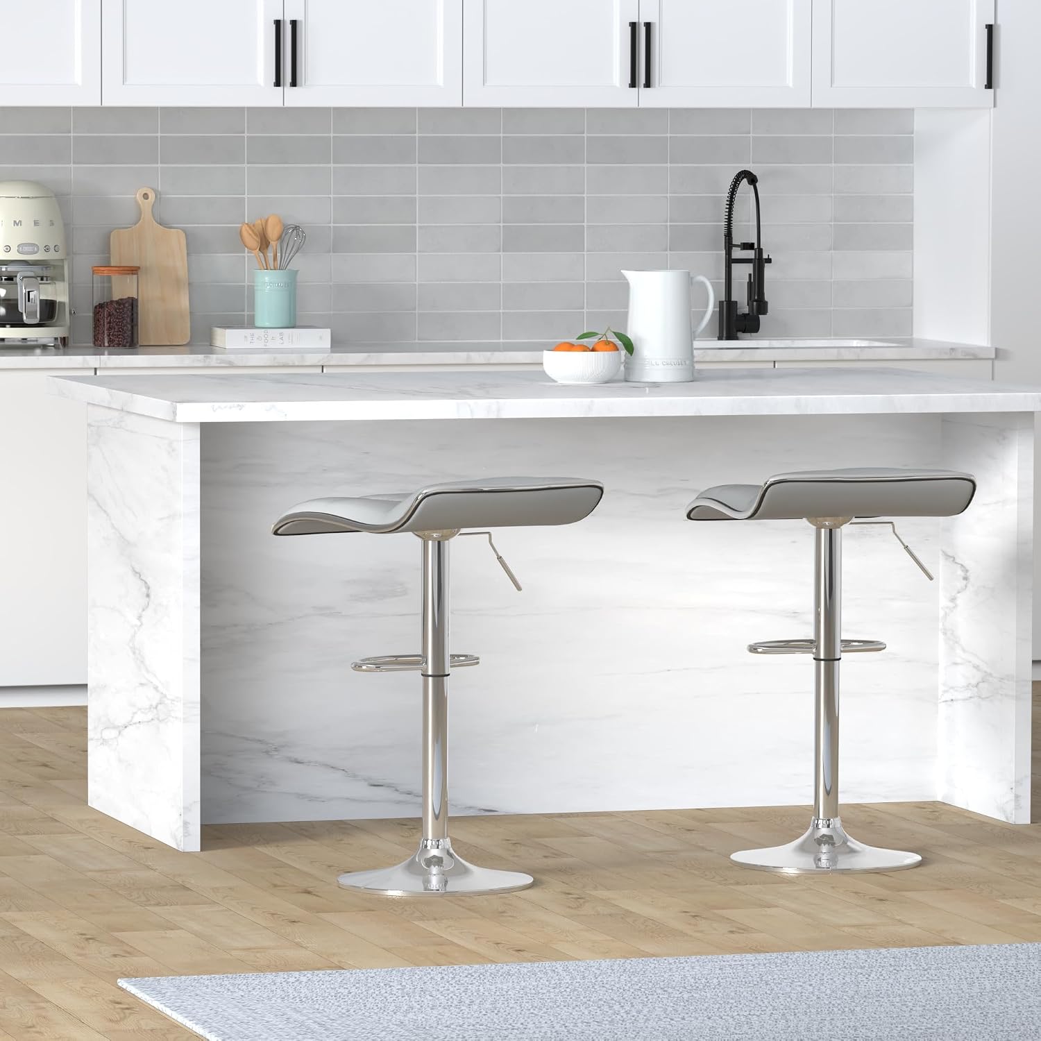 Bar Stools Set of 2, Square Backless Adjustable Bar Stools, Swivel Bar Stool, Barstools Set of 2 (Light Grey) | Square