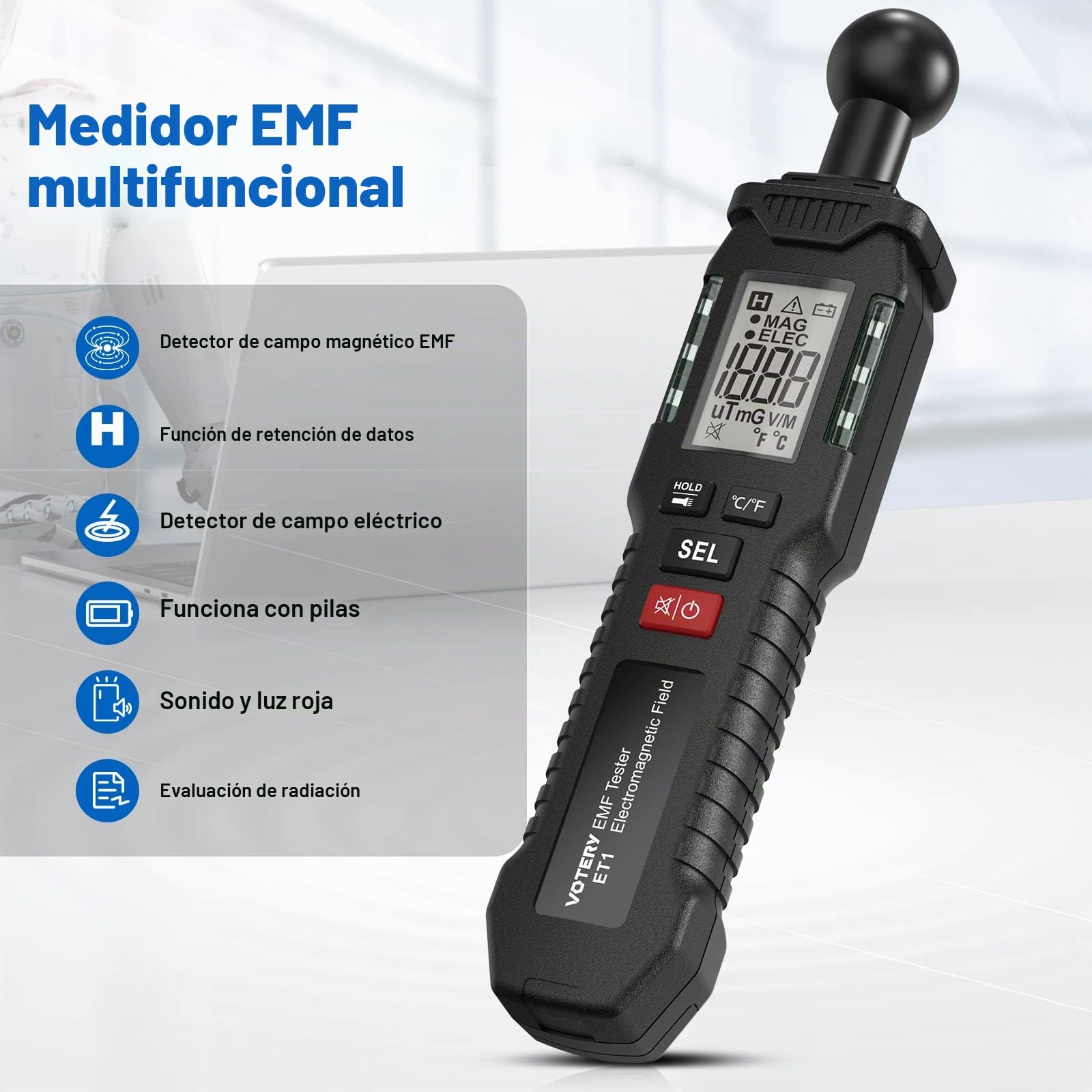 Medidor EMF, Medidor EMF digital portátil, panel LCD con zumbador y luz indicadora, adecuado para la inspección de campos electromagnéticos en casa, en la oficina, al aire libre, en sala de