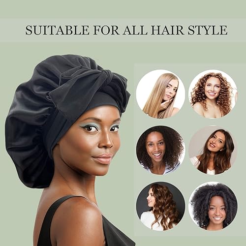 Miniatura 4 de Gorro de satén de seda para el cabello para dormir, gorros grandes con banda de amarre, envoltura para el cabello con correas ajustables, gorro de