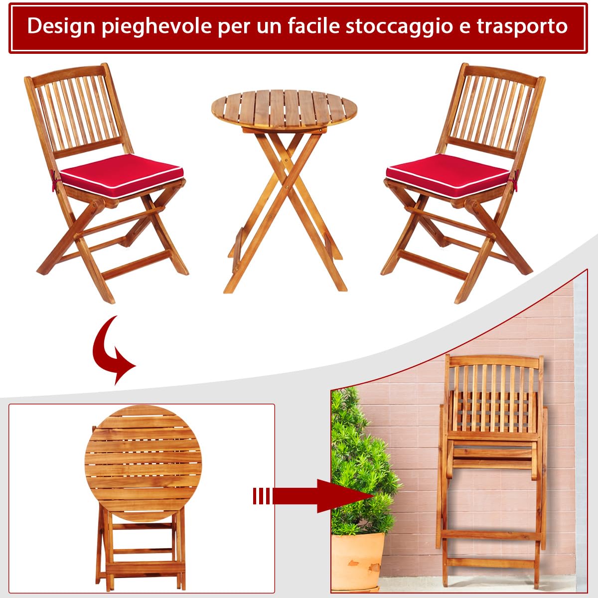 COSTWAY Set Tavolino e Sedie da Girdino Pieghevole, Set da Bistro 3 Pezzi in Legno di Acacia, con Cuscino, Set di Mobili da Esterno, Tavolino Portato 80kg, Sedie Portate 160kg (Cuscino Rosso)