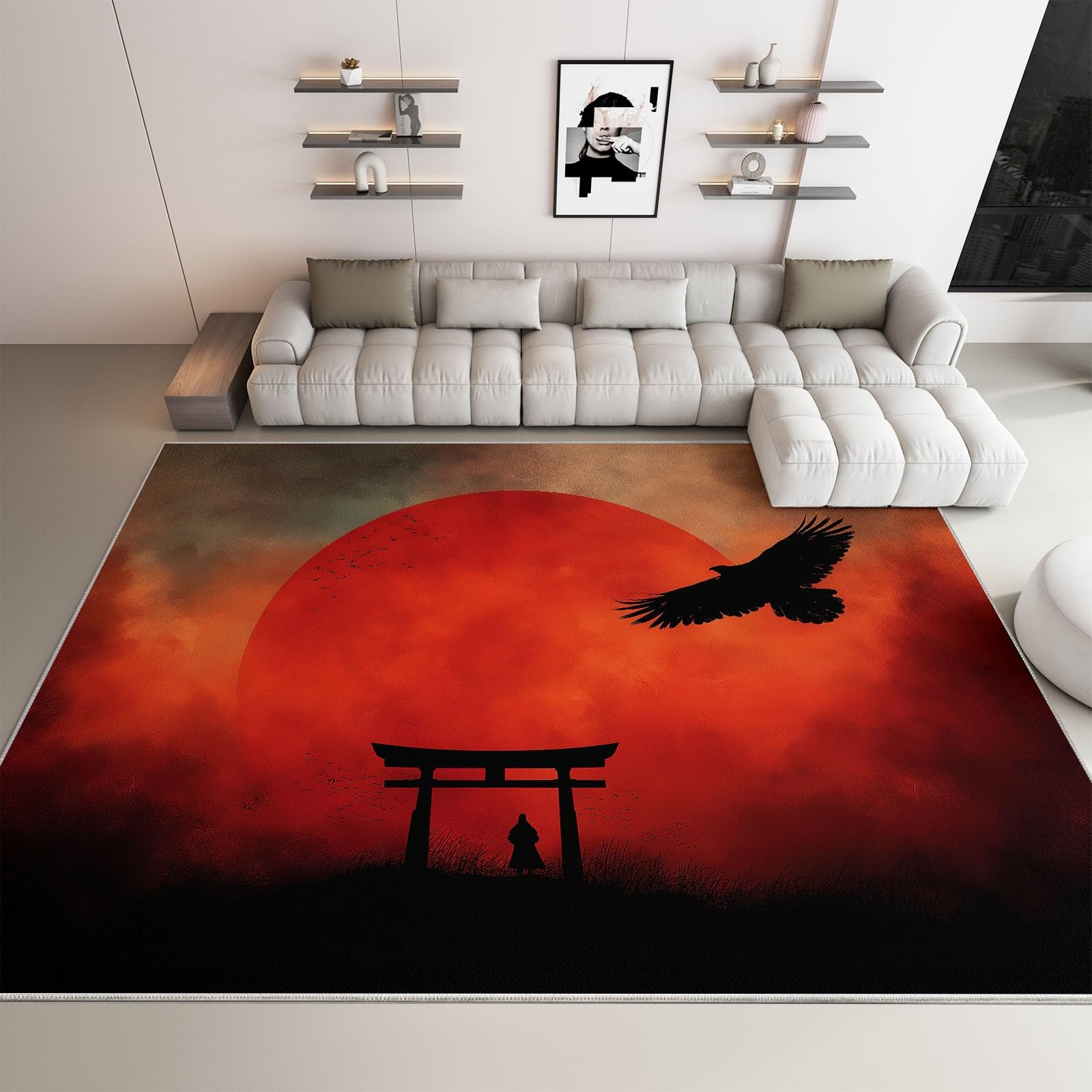 Tapis de salon lavable en machine 80 x 150 cm multicolore, coureur faible poil antidérapant avec imprimé fantastique art lune samouraï - tapis chambre pour la chambre à coucher le bureau à domicile