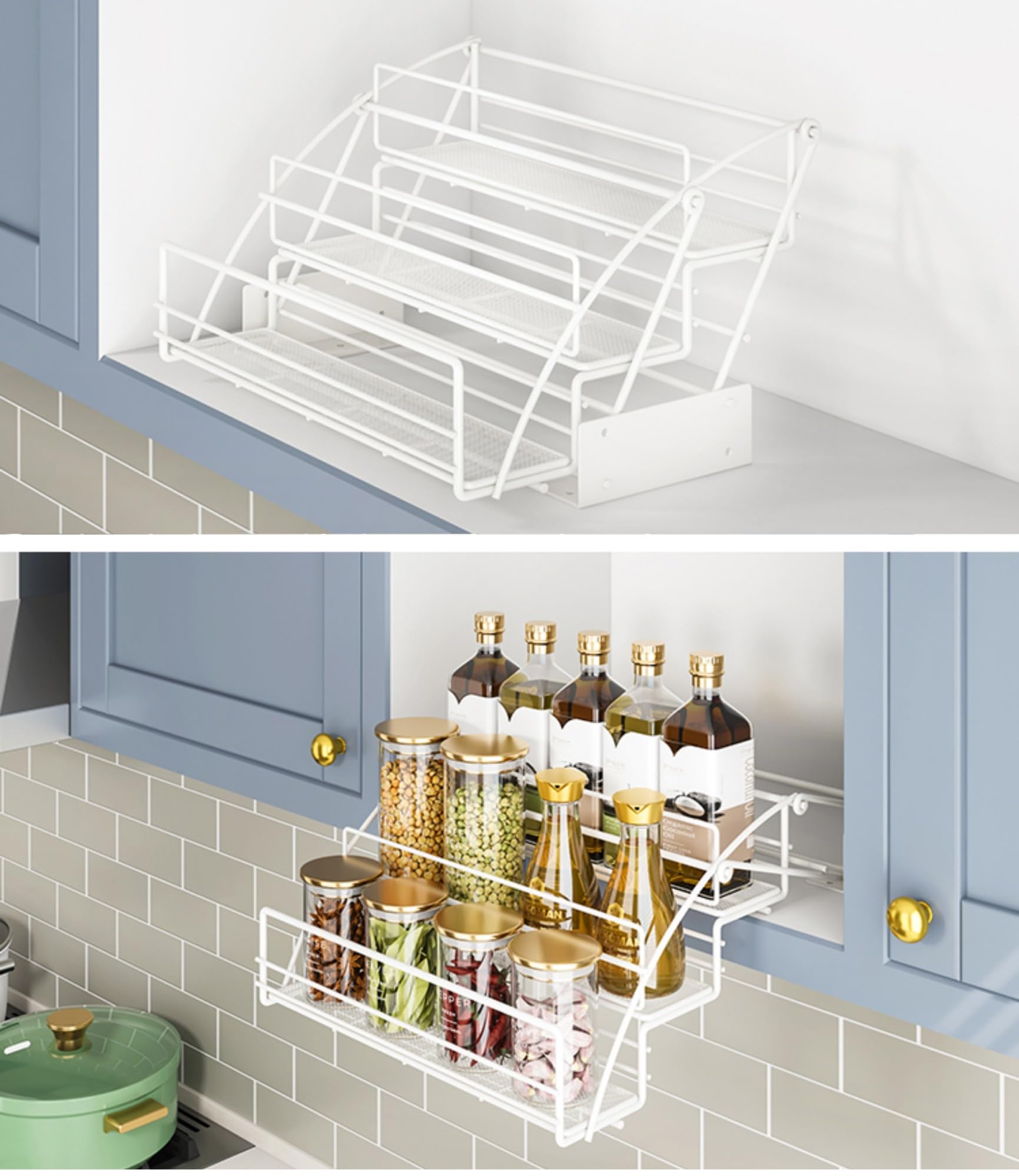 Organizzatore da cucina Sistema di scaffalature estraibili a 3 livelli, portaspezie a ribalta in acciaio con cuscinetti antiscivolo per mobili alti da cucina/bagno, carico 10 kg, per lunghezza armadio