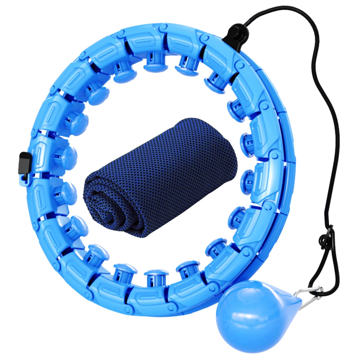 Smart Weighted Hula Hoop Gift Set – Auto-Spinning Fitness Hoop with 24 Detachable Knots, Weighted Ball & Cooling Towel – Workout Equipment for Home Exercise & Christmas Fitness Gifts (Blue)