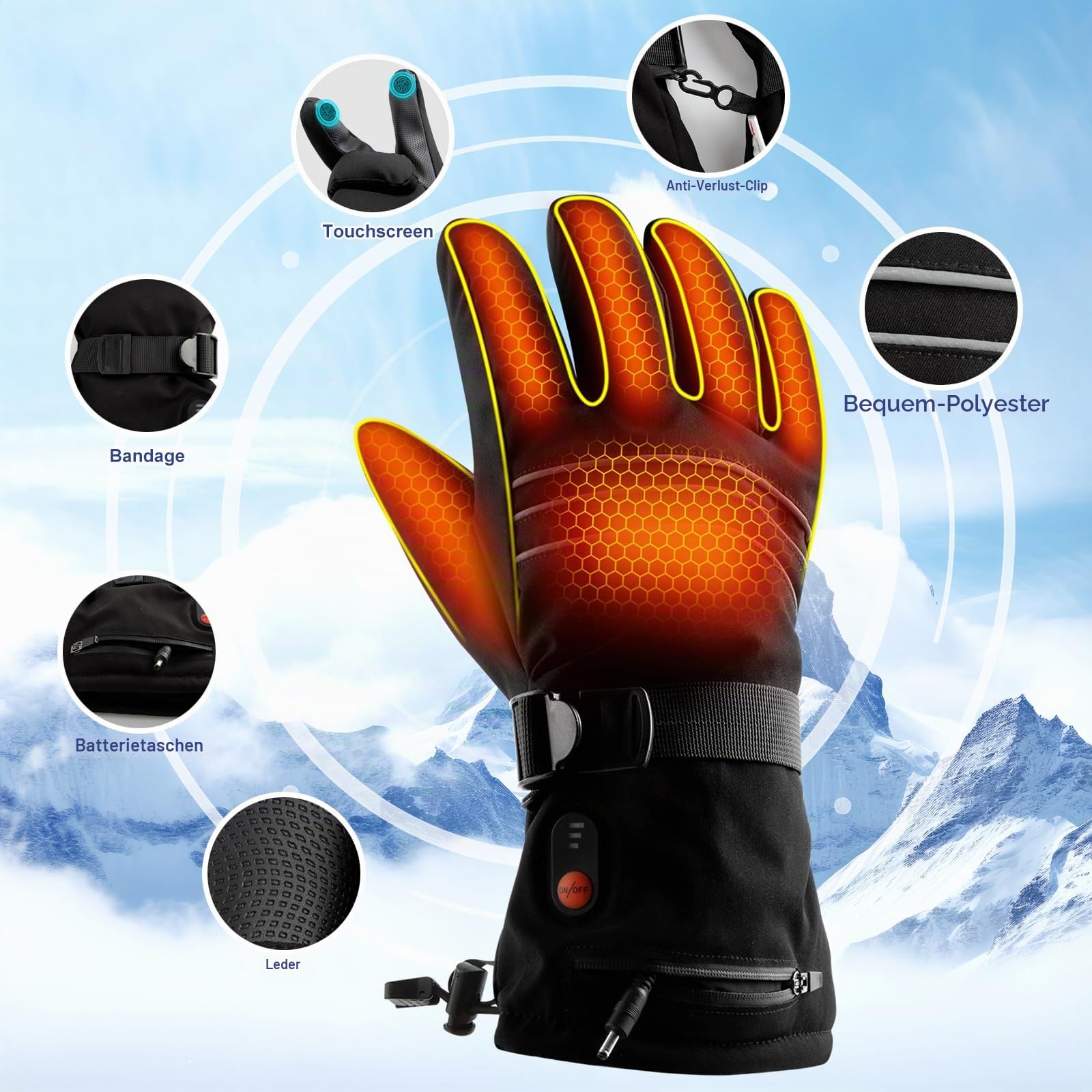 Beheizte Handschuhe für Männer oder Frauen, 7,4V 3200mAh Elektrische Batterie, Selbstheizende Handschuhe für Wintersport, Wiederverwendbarer Handwärmer für die Arbeit im Freien, L