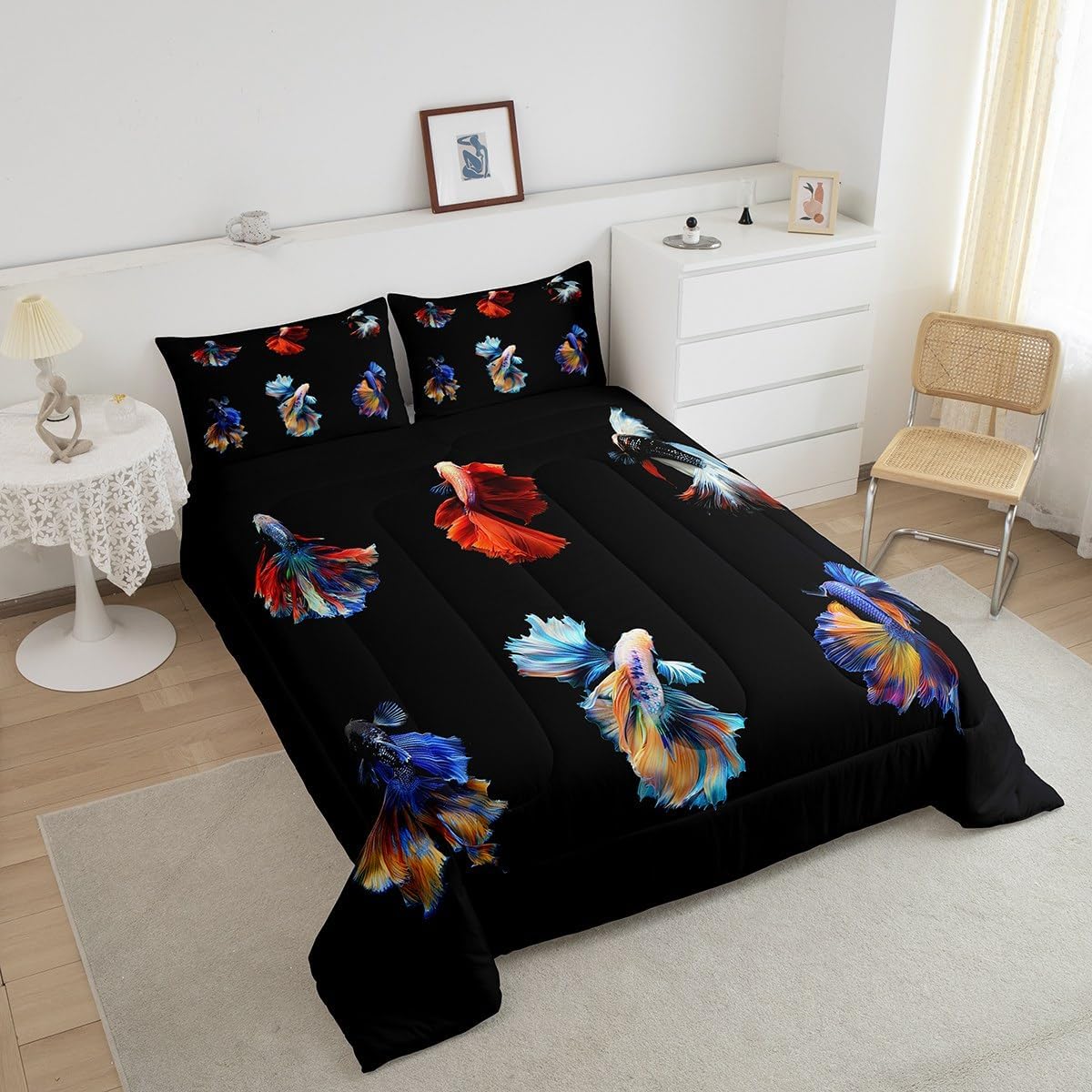 Betta Fish Bedding Set Colorful Siamese Fighting Fish Comforter Underwater Animal Comforter Set for Kids Adults Aquarium Sealife Seaworld Duvet Set Room Decor Twin Size Quilt Boys…